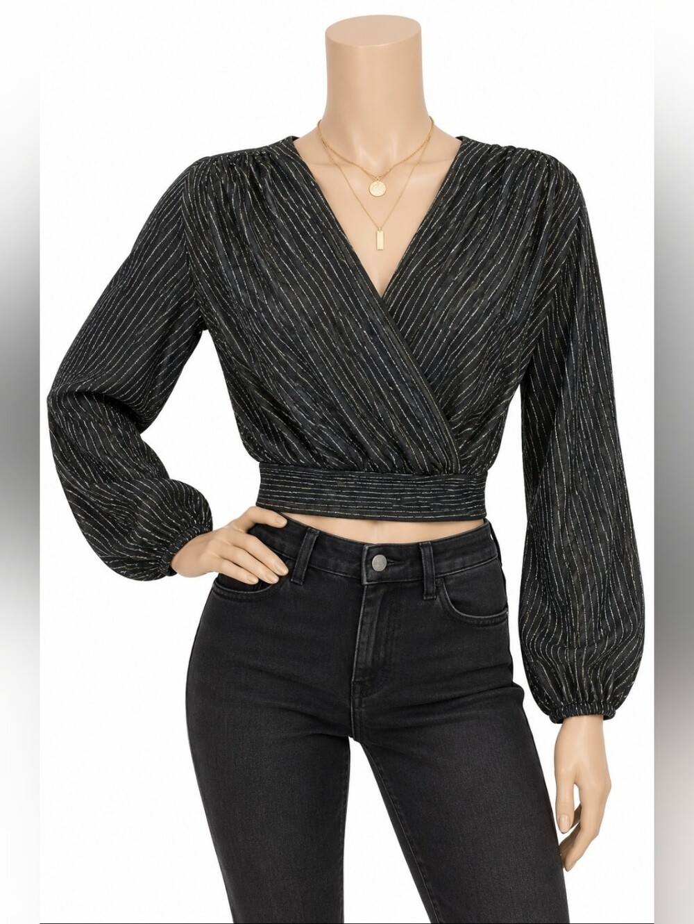 Saints Black & Gold Metallic Striped Wrap Top NWT Size M